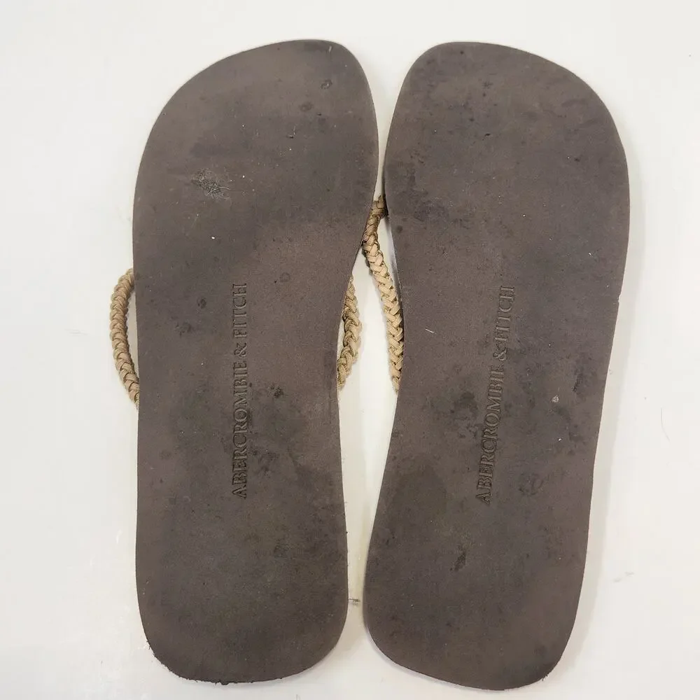 Abercrombie and Fitch Tan Braided Leather Thong Sandal Women Size 10 Flats Y2K